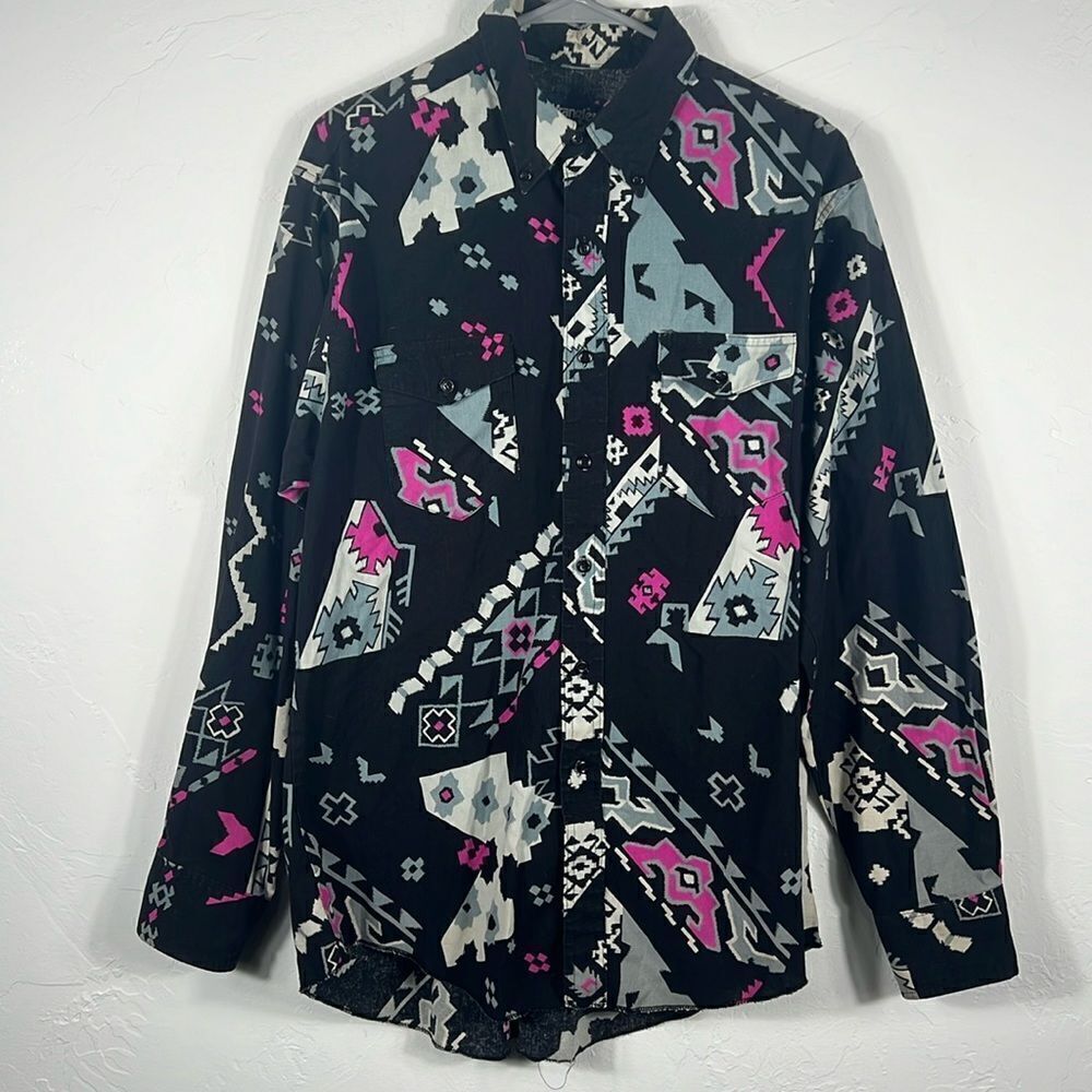 🔥🔥 Vintage WRANGLER BrushPopper Aztec Print Western Cowboy Cut Button‎ Shirt